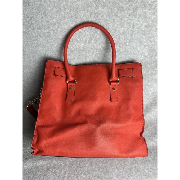 MICHAEL KORS Hamilton Coral Red Saffiano Leather Gold HW E/W Large Satchel Bag - Picture 4 of 13